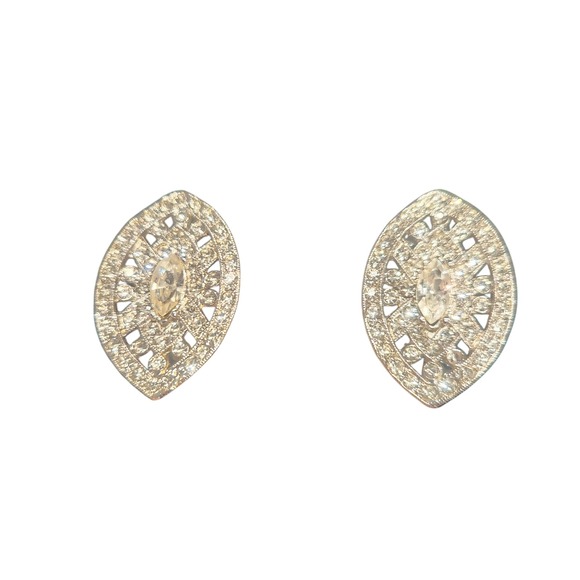 Kenneth Jay Lane Silver Tone Rhinestone Marquise Clip On Statement Earrings - Picture 2 of 13